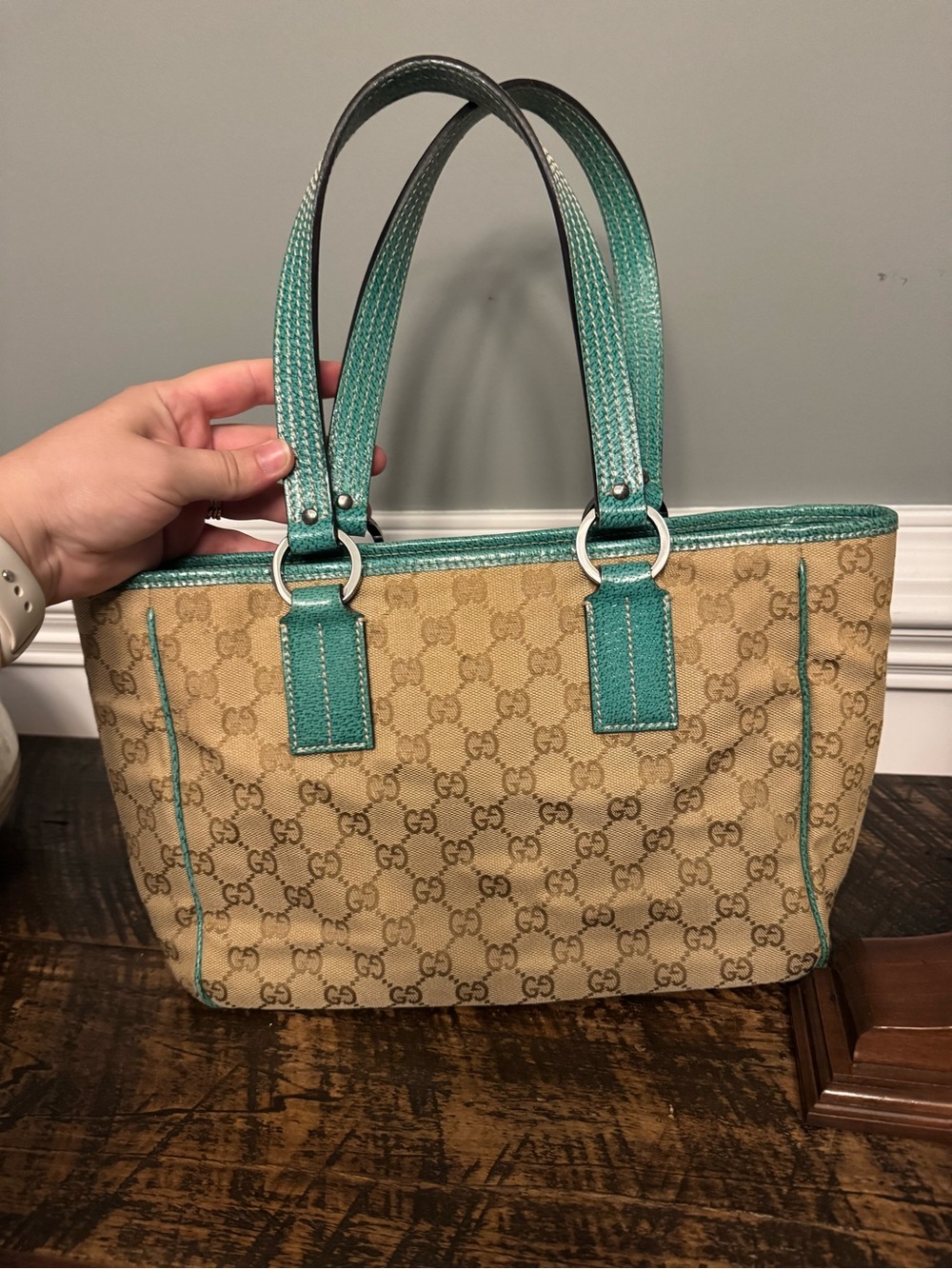 Gucci Beige GG Canvas Shoulder Bag with Teal Trim